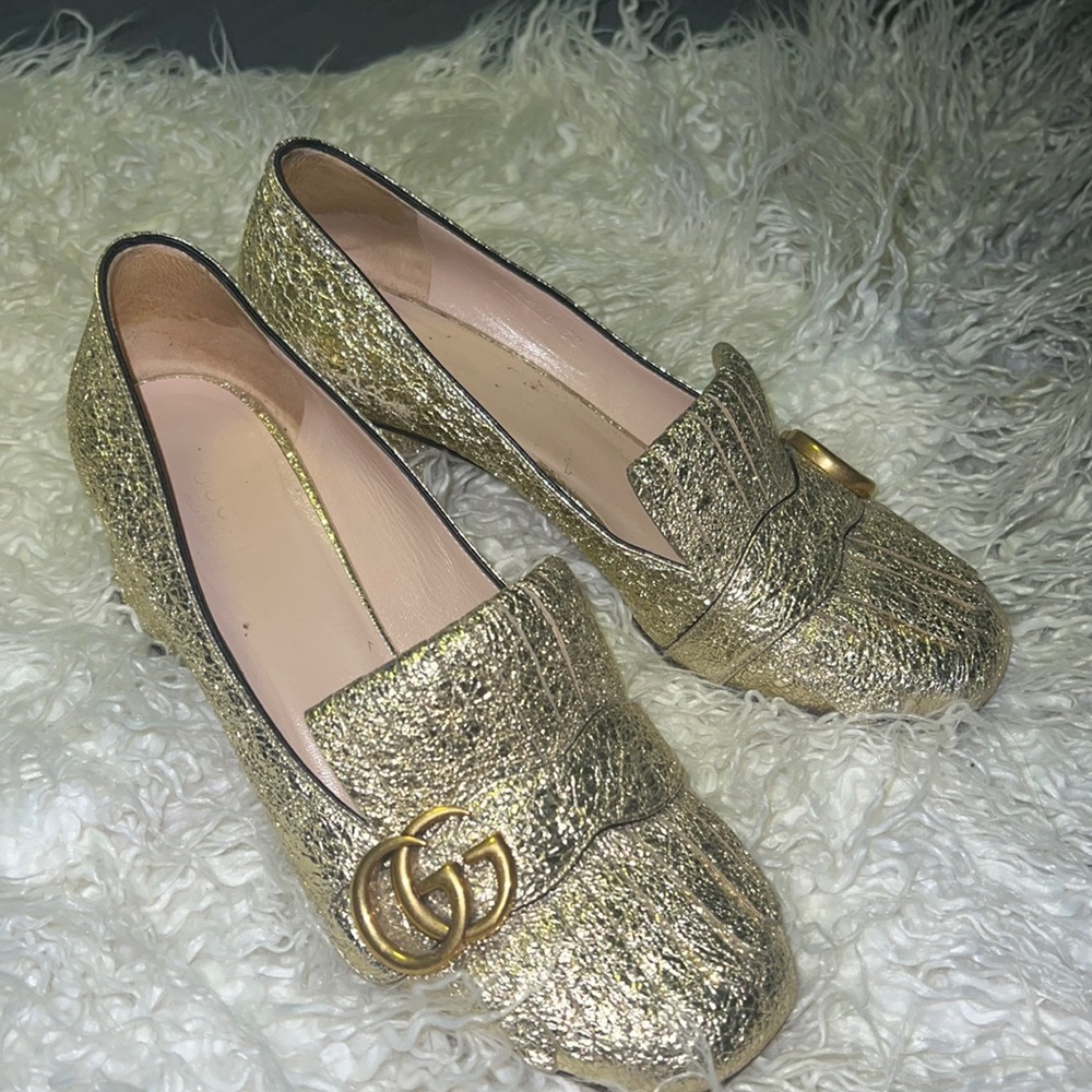 Gucci Marmont SZ 38 ( 8.5) Fringe Loafer Pumps gold 100%authentic